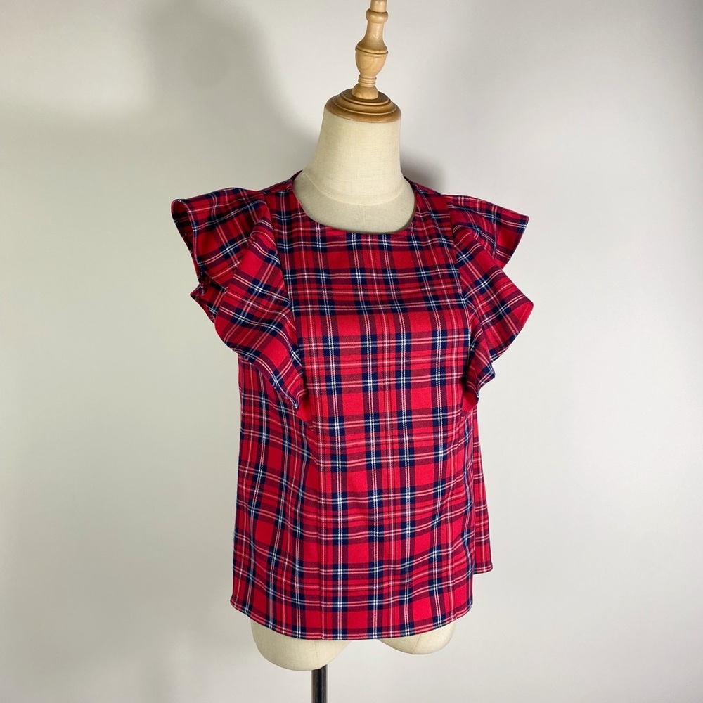 DRAPER JAMES Plaid Ruffle Sleeveless Red Top Womens 0